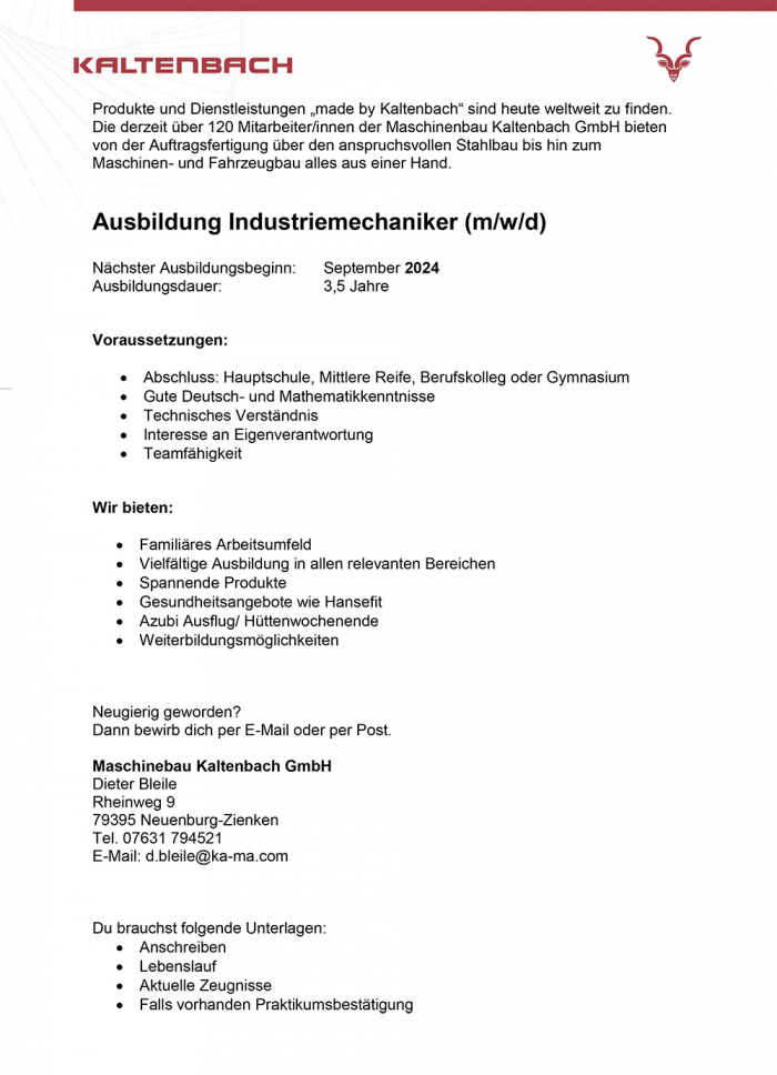 Kaltenbach Ausbildung zum Industriemechaniker:in