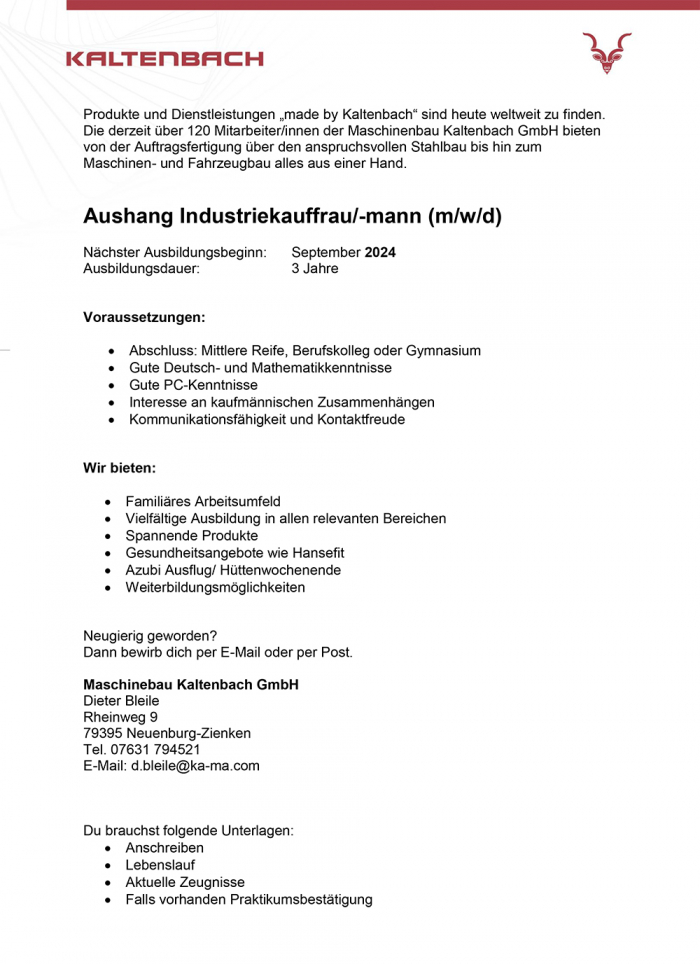 Kaltenbach Ausbildung zum Industriekauffrau
